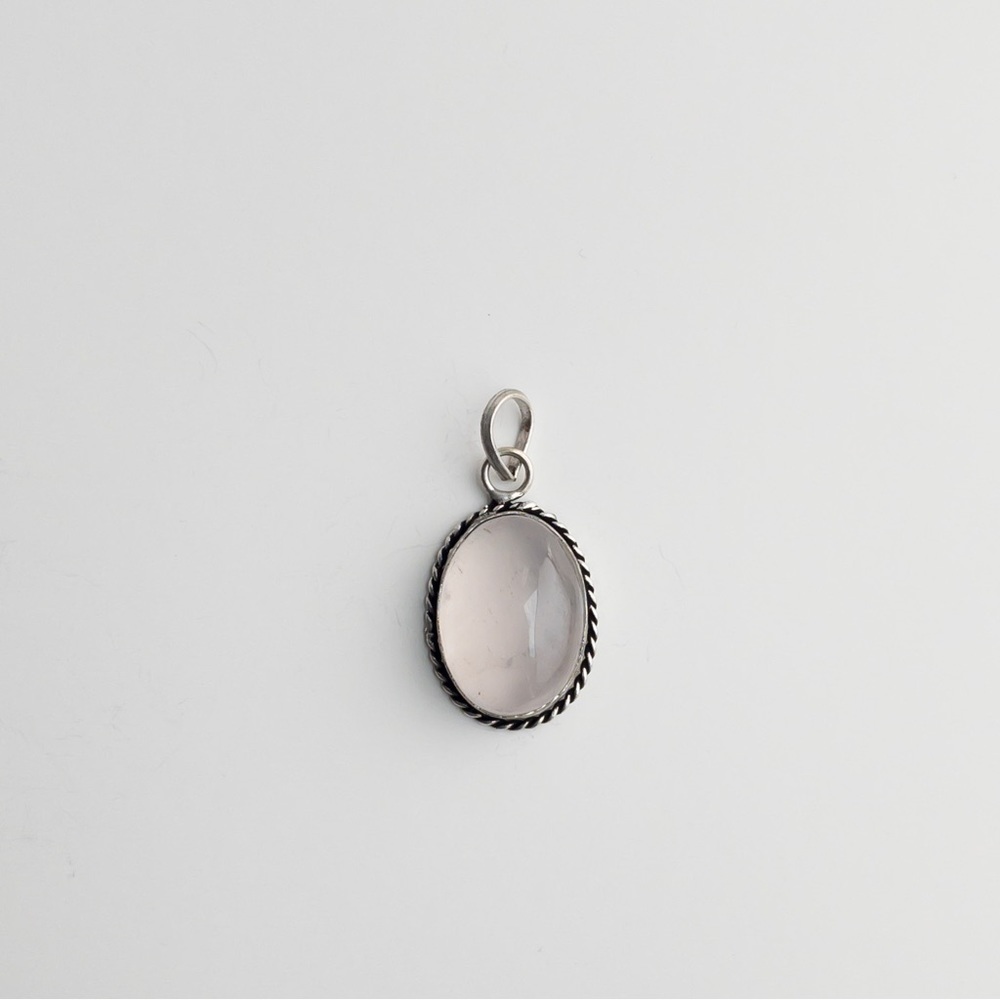 Pale Pink Rose Quartz Semi Precious Gemstone Pendant Artisan Silver Plated Brass